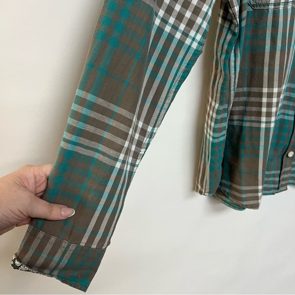 Aventura 100% Organic Cotton Button Down Shirt Turquoise Plaid Hiking Outdoors L - Picture 3 of 9